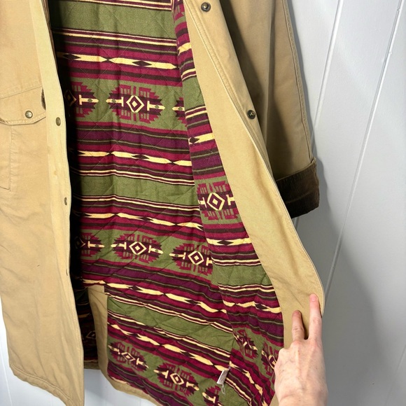 Vintage L.L. Bean Aztec Print Lined Beige Trench Chore Overcoat Jacket Women’s M - Picture 8 of 10